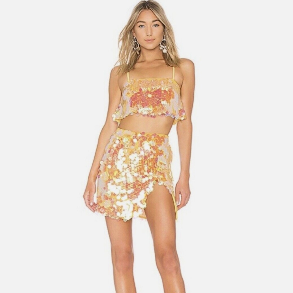 LPA x Revolve - Yellow Sequin Mini Skirt & Crop Top Set - XS